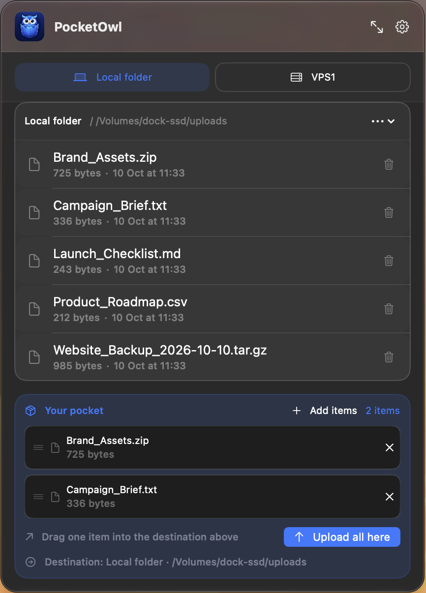 PocketOwl showing a local station and two files ready in the pocket