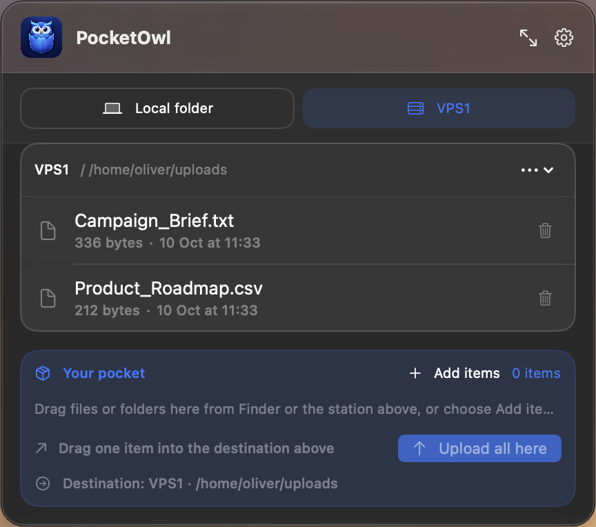 PocketOwl displaying two files on an SSH server station