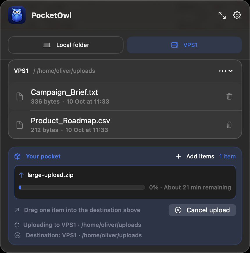 PocketOwl uploading a file with progress, estimated time, and a cancel button