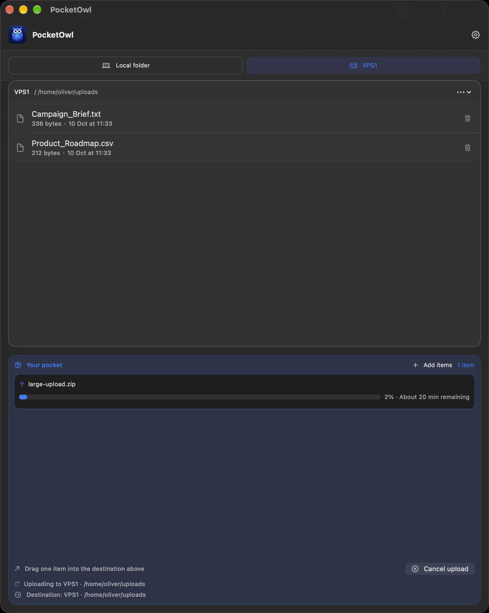 PocketOwl expanded into a full window during an upload