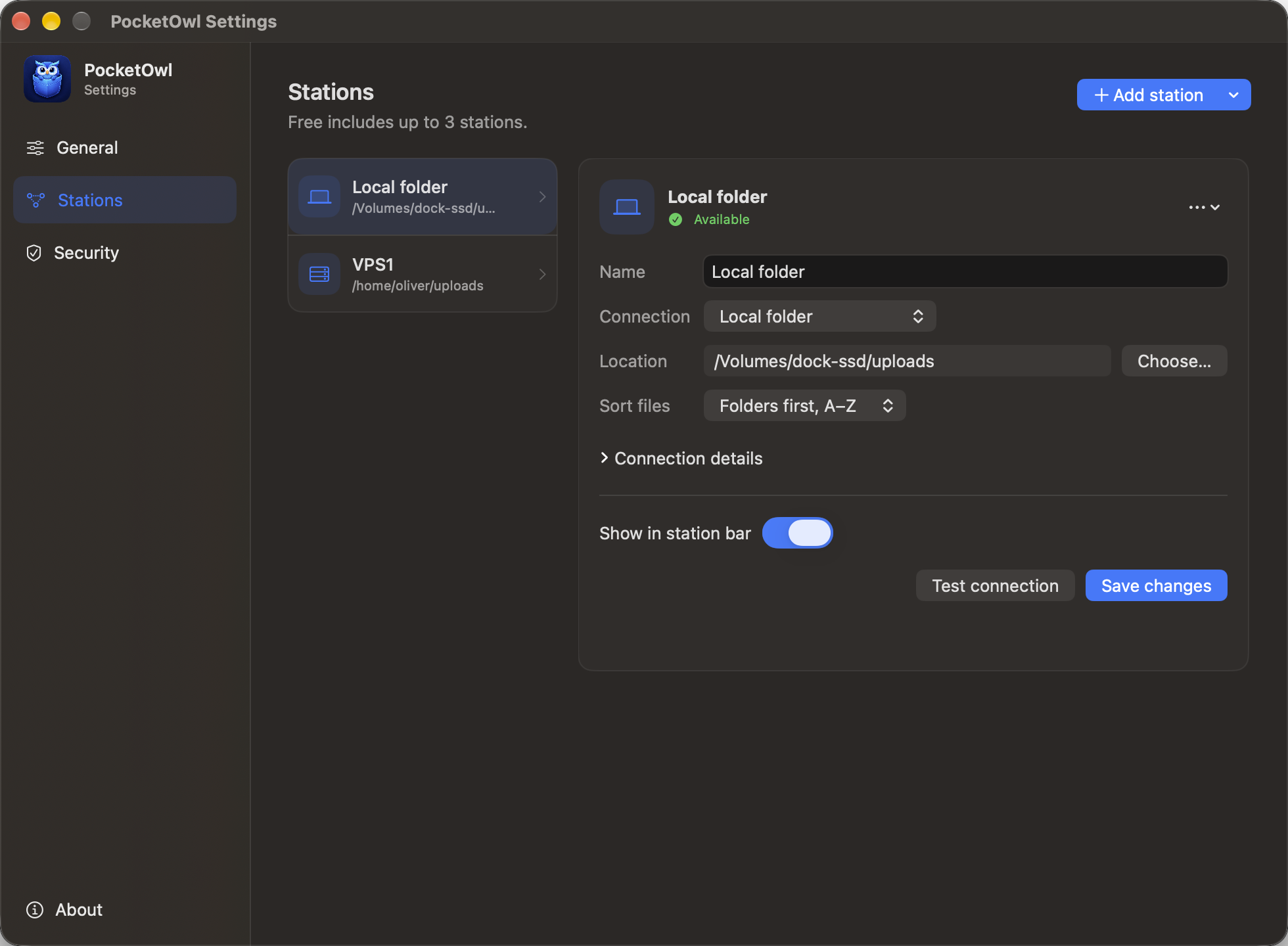 PocketOwl station settings for a local folder