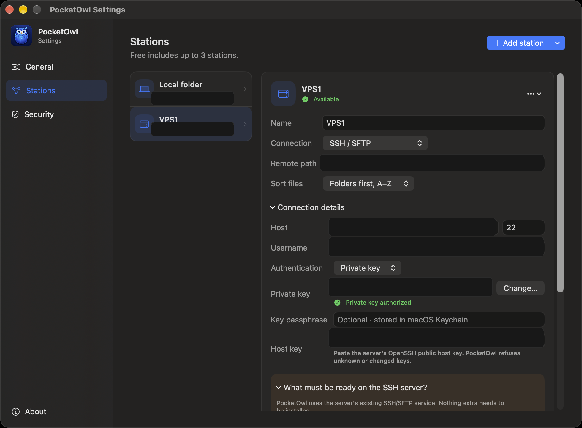 PocketOwl SSH and private-key station settings with environment-specific values redacted