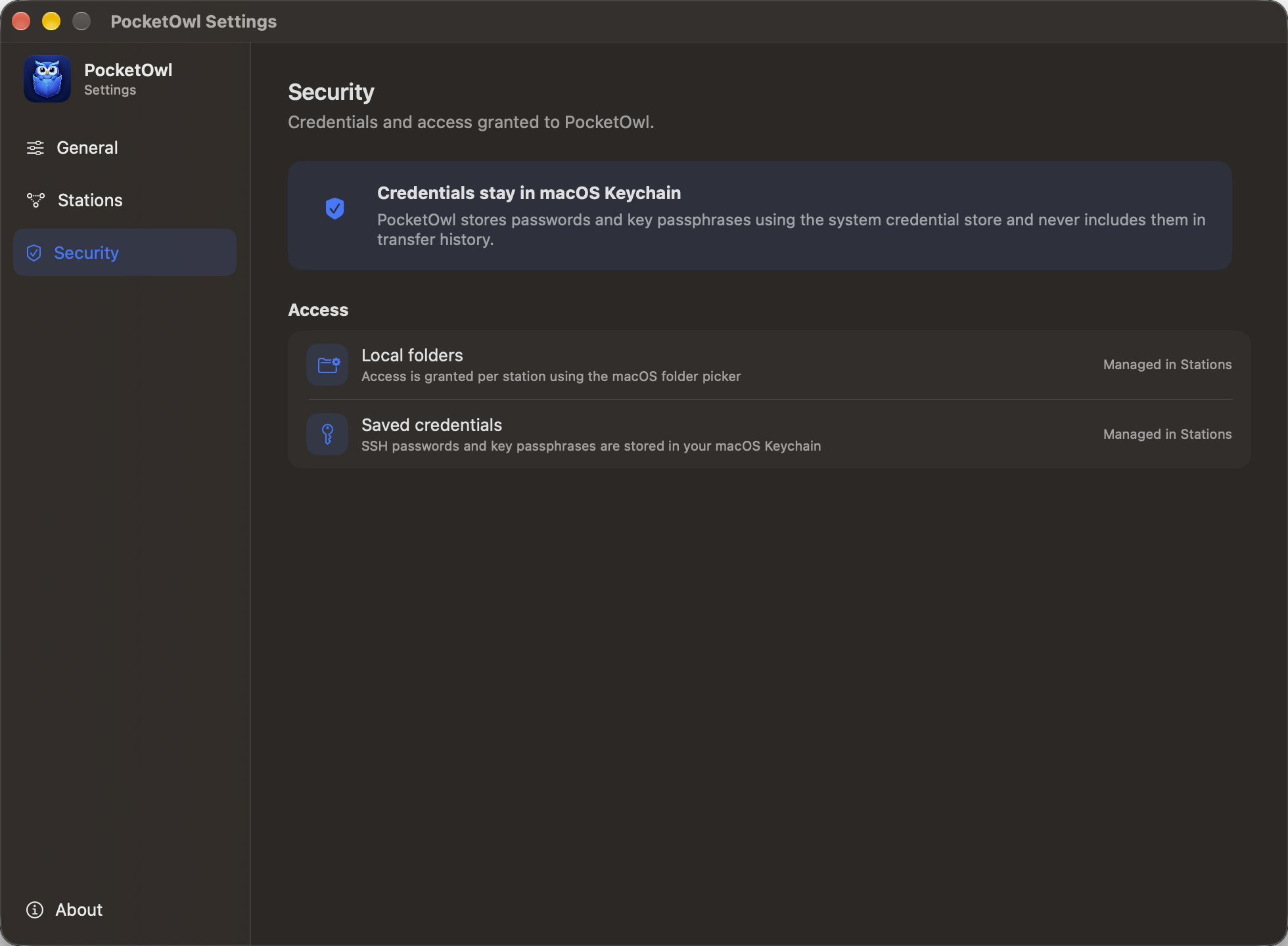 PocketOwl security settings describing Keychain and folder access